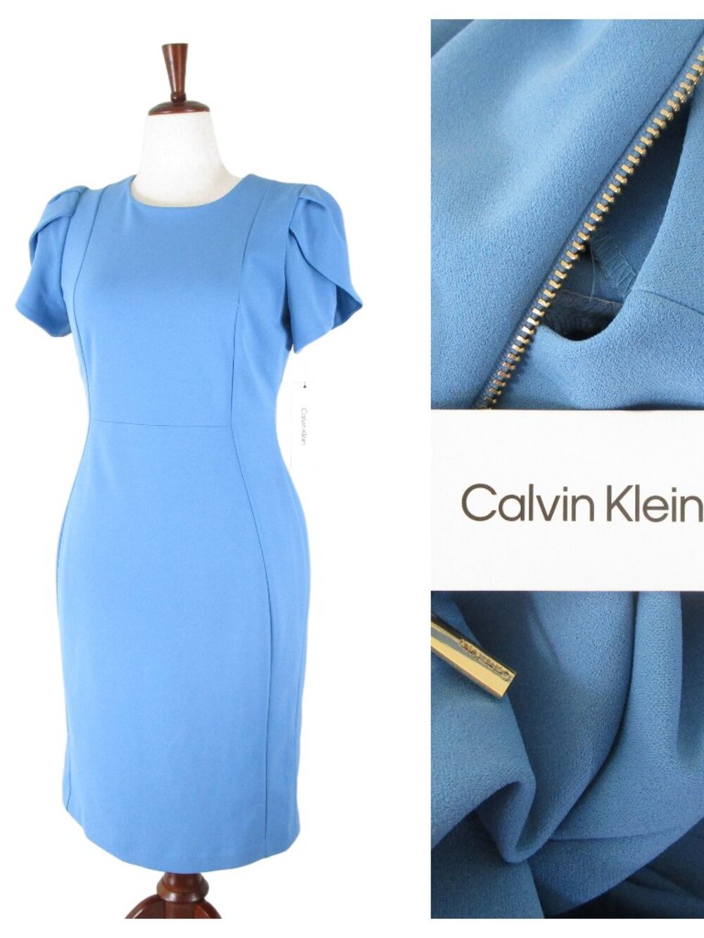 Calvin Klein Womens Solid Blue Short Sleeve Sheath Dress Size 10 Formal Career